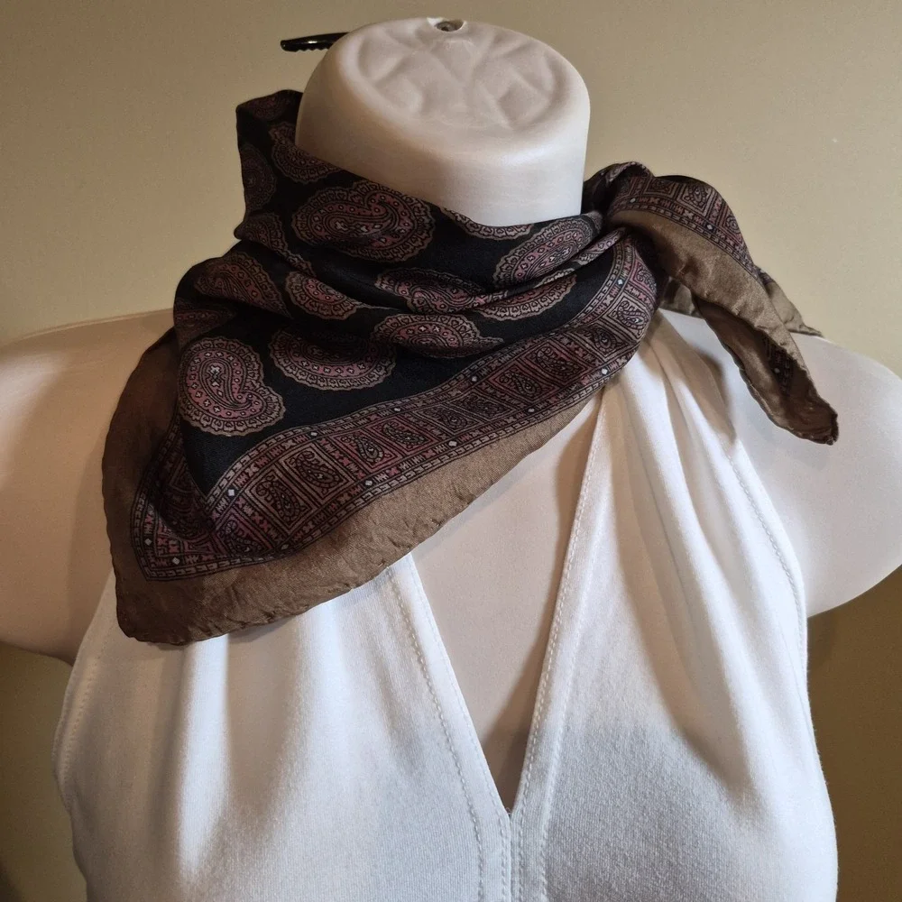 Vintage Silk Paisley Square Scarf Hand Rolled Hem Pink Tan Black 18x18